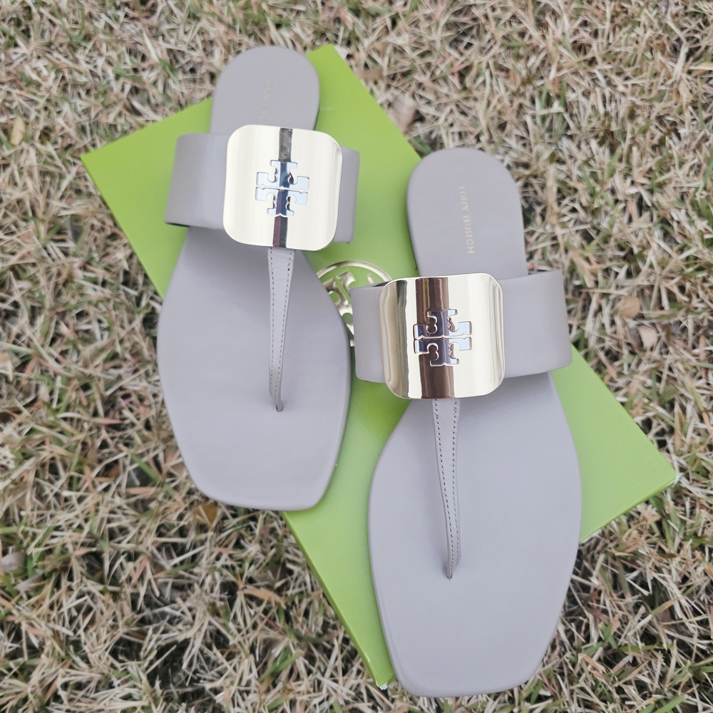 Tory Burch Gray Sandals with Silver Logo